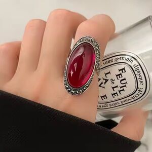 Vintage silver color Red Oval Ring adjustable